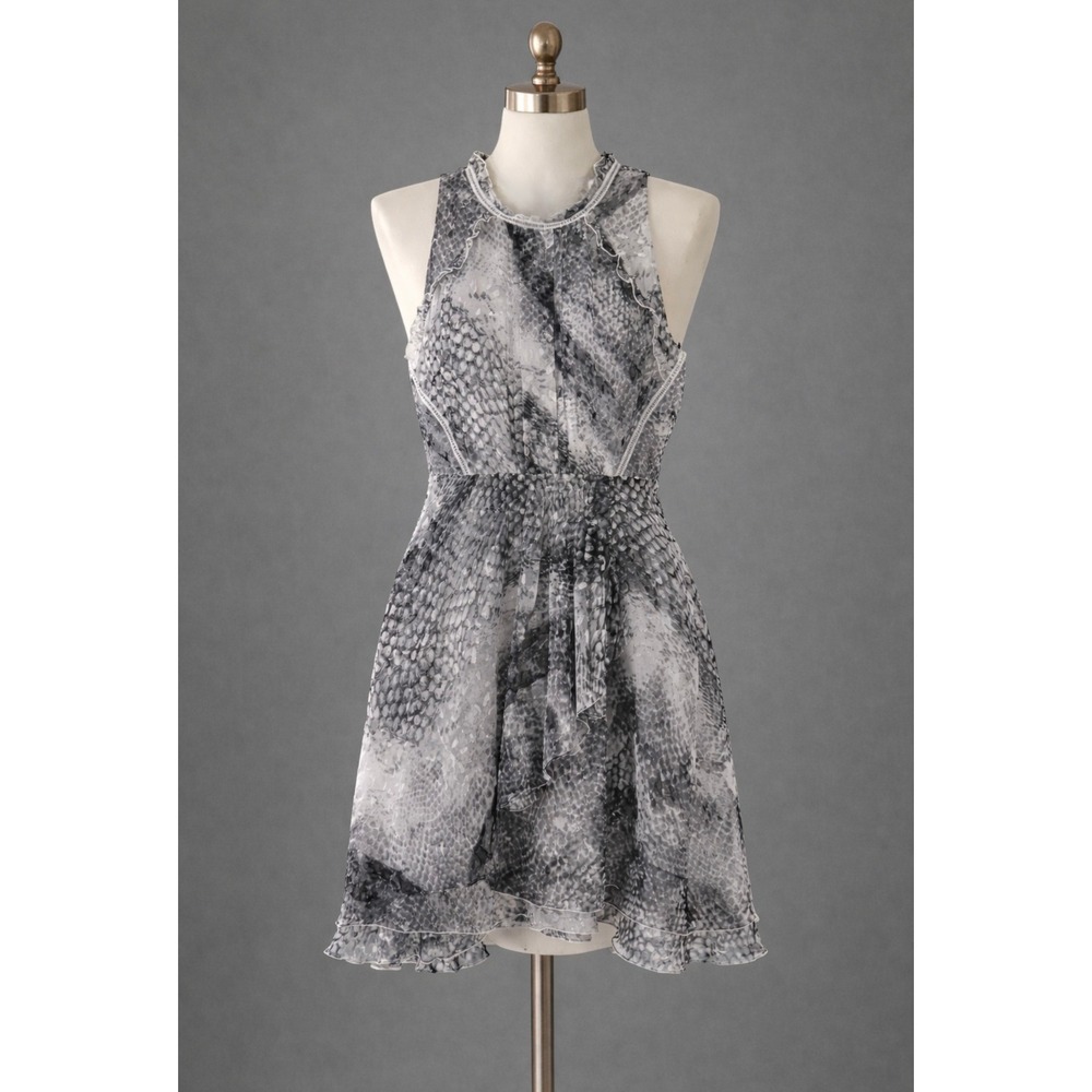 Reiss Sibilla Snakeskin Print Midi Dress Size 10 Floaty Ruffle Lightweight